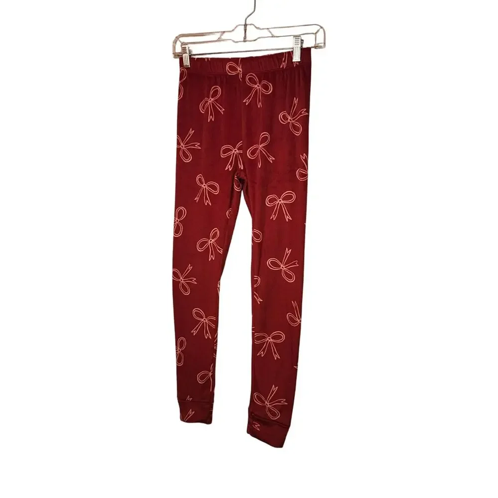 Red With Bows Fleece Long Sleeve Shirt Pull On Pants Sleep Set Girls Size 12